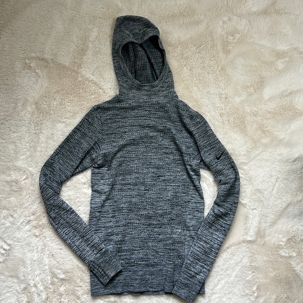 Nike Dri Fit Grey Hooded Compression Running Longsleeve with Thumb Holes